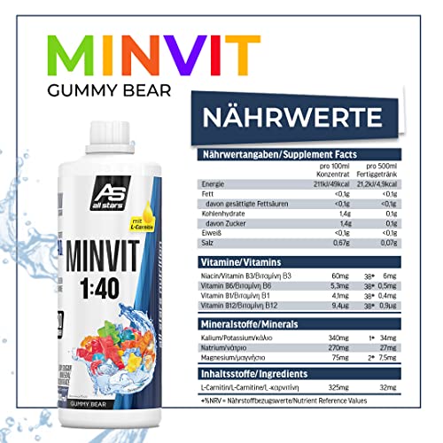 ALL STARS Minvit + L-Carnitin Vitamin Drink Konzentralt 1L Gummi Bear - Zuckerarmer Sirup mit Mineralstoff- und Vitamin Komplex mit Vitamin B1, B6, B12, Enthält Kalium, Magnesium & L-Carnitin
