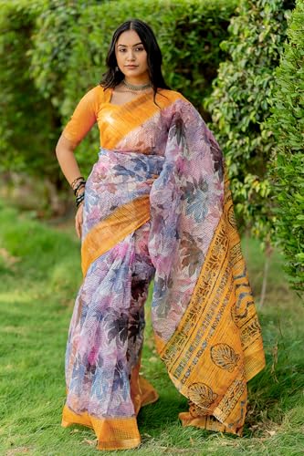 Image of MIRCHI FASHION Kota Doria Cotton Saree with Blouse Piece | Leaf Floral Printed Saree for Women | Traditional Ethnic Daily Wear Summer Saree