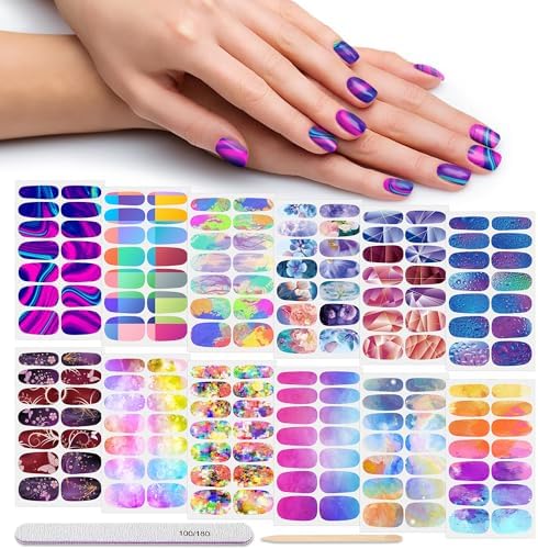 DANNEASY 12 Sheets Nail Polish Strips Self Adhesive Gel Nail Stickers Full Nail Wraps for Women Girl Graffiti Gradient Starry Sky Nails Design Gel Strips Manicure Nail Art Accessories