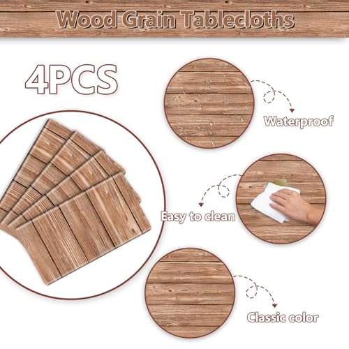 Image of 4Pcs Wood Tablecloth, Light Brown Grain Table Covers, Rectangular Table Decoration for Western Barn Themed Barbecue Party Decorations, 51 x 86.6 Inch