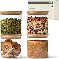 KIVY Vorratsgläser mit Deckel - 4 x 600ml - Kleine Vorratsdosen mit Bambusdeckel - Vorratsdosen Glas mit Deckel - Vorratsgläser Holzdeckel - Aufbewahrungsgläser mit Deckel - Glasbehälter