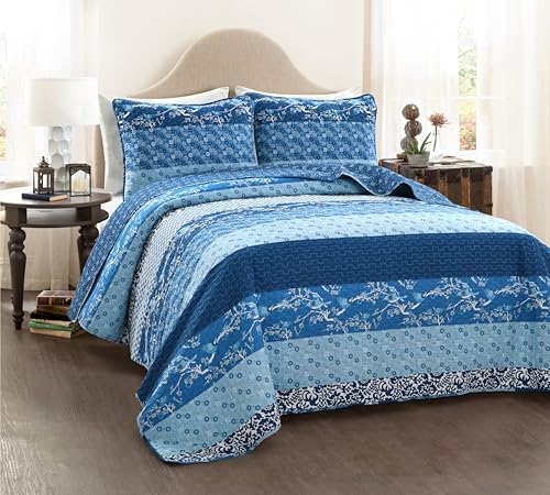 Image of Lush Decor Royal Empire Reversible Cotton Quilt Set, 3 Piece Set Full / Queen, Navy - Striped Bedding Set - Floral Quilt Queen Size - Boho Decor
