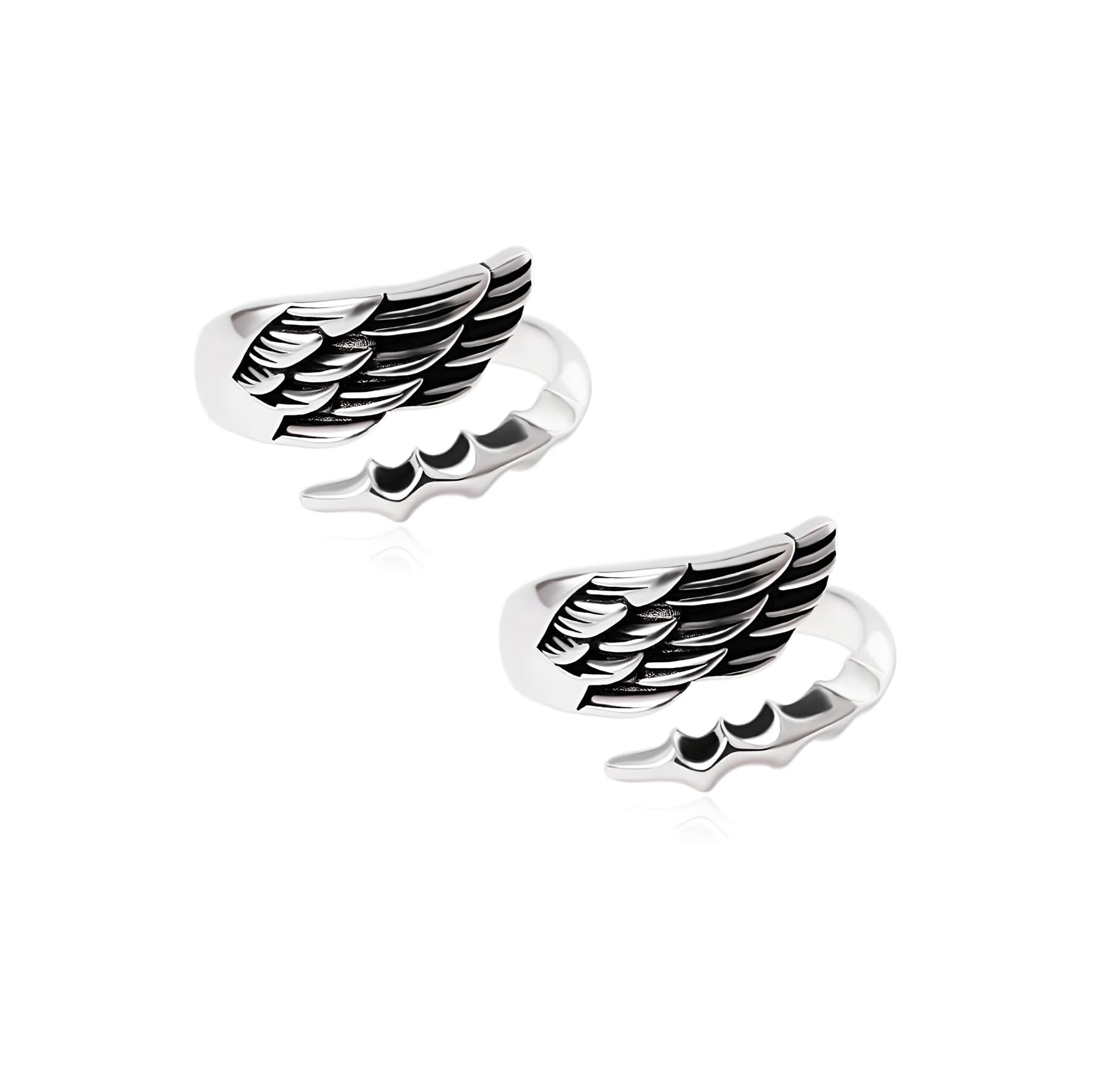(Pack Of 2 Trending Stainless Steel Silver Color Adjustable Size Funky Dainty Dragon Demon Angel Wings Feather Cuff Thumb Finger Ring For Men's And Women's-image-33