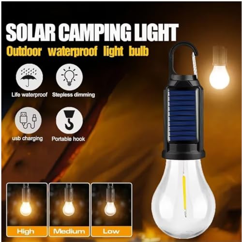 Image of GlowBase Solar Powered Rechargeable Emergency LED Light Bulb, Portable Waterproof Hanging Camping Lantern with 3 Modes & USB Charging, Outdoor Tent Lights (Pack of 1)