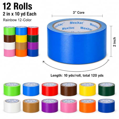 Image of 12 Pack Colored Duct Tape, 2 in x 10 yd, Rainbow Variety Pack