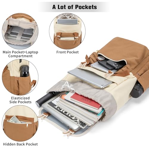 Orvilly Vintage Canvas Laptop Backpack for Women,15.6" Laptop College Rucksack with USB/Type-C Charging Port,Fashion Lightweight Bookbag Hiking Casual Daypack Backpacks for Travel Work（Brown & Beige）2