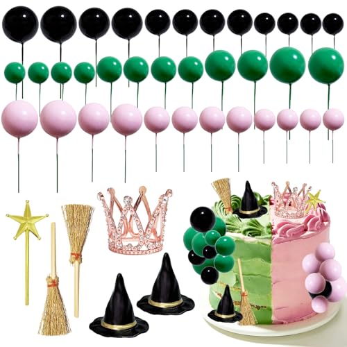 42pcs Wicked Cake Topper Pink Green Black Balls Witch Hat Pick Crown Star Wand Wicked Cake Decorations for Birthday Wedding Halloween Party Decorations