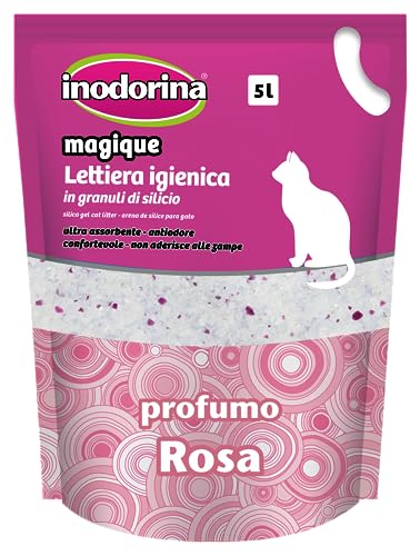 Inodorina, Magique, Lettiera Igienica in Sabbia Silicea, Ultra Assorbente e Antiodore, Non Aderisce alle Zampe, Evita la Proliferazione Batterica, Un Mese di Utilizzo, Profumo Rosa, 5 lt