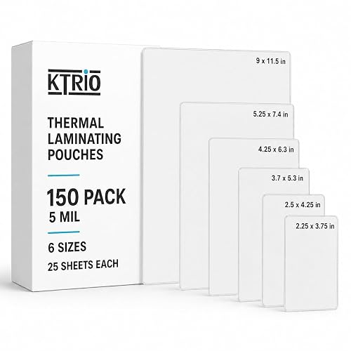 KTRIO 150 Pack 5 Mil Laminating Sheets, Various Sizes Laminating Pouches | Clear Thermal Laminate Sheets for Laminator, Suitable for Letter Size, Photo, Notecard, ID Badge, Business Card, Office Home