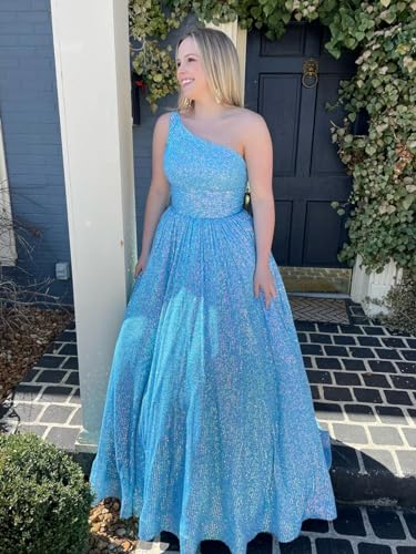 One Shoulder Sequin Prom Dresses 2025 Sparkly Long Ball Gowns Formal Dresses for Women with Pockets2