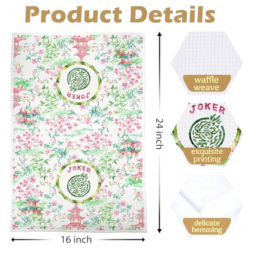 Image of Mahjong Chinoiserie Joker Towel - Pink and Green Mahjong Chinoiserie Joker Decorative Waffle Dish Towels, Gifts for Women Hand Towel, Tea Towel for Kitchen, 16x24 Inch