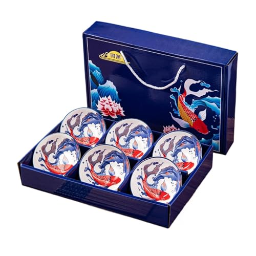 XFZJCHAP Set di 6 ciotole di riso in ceramica con confezione regalo, ciotole per stoviglie con motivo carpa portafortuna, ciotole da portata per cereali, zuppe, dessert, snack, frutta