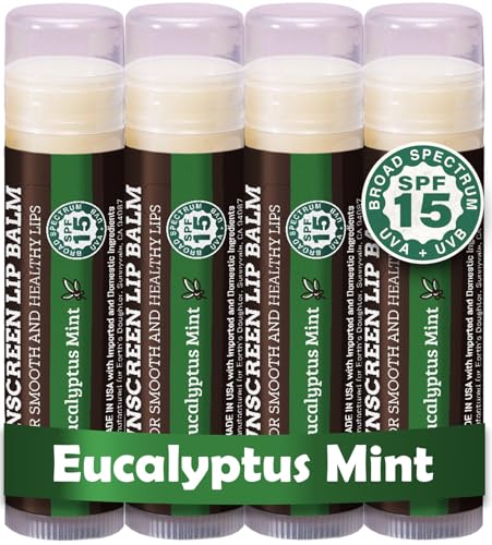 Earth's Daughter SPF Lip Balm Eucalyptus Mint 4-Pack - Lip Sunscreen, SPF 15, Organic Ingredients, Beeswax, Coconut Oil, Vitamin E - Hypoallergenic, Gluten Free