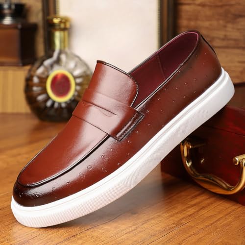 Santimon Men's Leather Penny Loafer Casual Flat Slip-On Dress Boat Shoes2