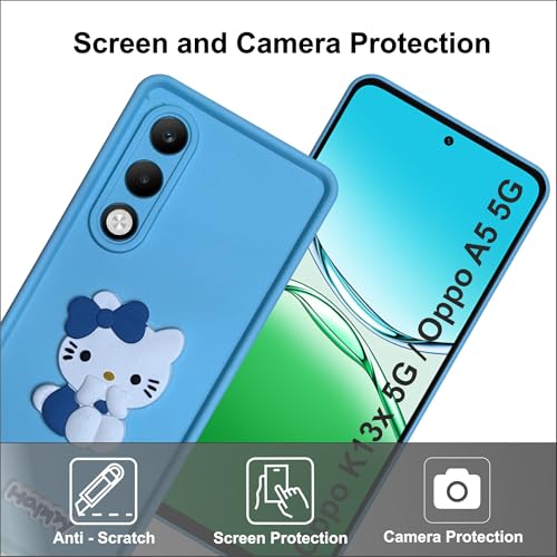 Image of Silicone Back Cover Case for Oppo K13x 5G / Oppo A5 5G | Cute Fun 3D Happy Kitty Design Silicone Case | Camera Protection Bump | Shockproof Back Cover Case for Oppo K13x (Sky Blue)