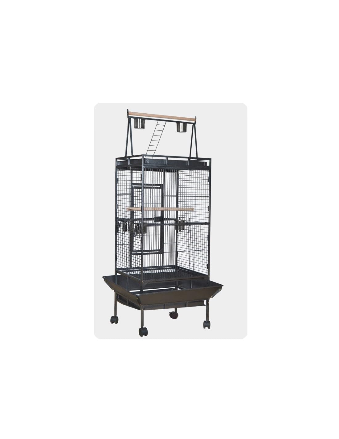 Pet's Solution - Gabbia Voliera per Pappagalli in Metallo Nero Martellato con Trespolo, Mangiatoie e Scaletta Esterna, Vassoi Estraibili e Ruote - 80 x 75 x 170 cm