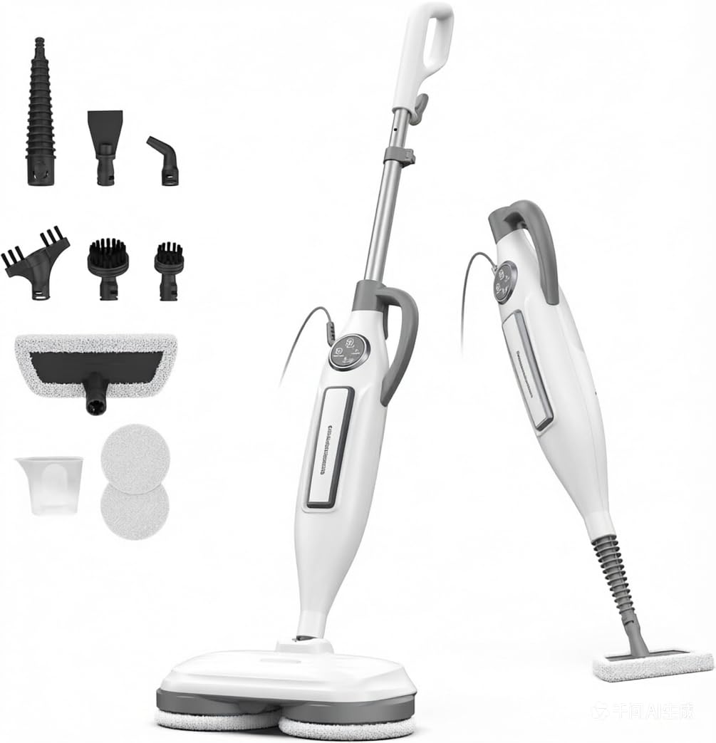 DEVOAC VM6 Scrubbing Steam Mop with Rotating Mop Pads, 10 in 1 Steam Mop, Lightweight Spin Mop &amp; 3 Steam Modes for Hard Floor Laminate Marble Floors (White)