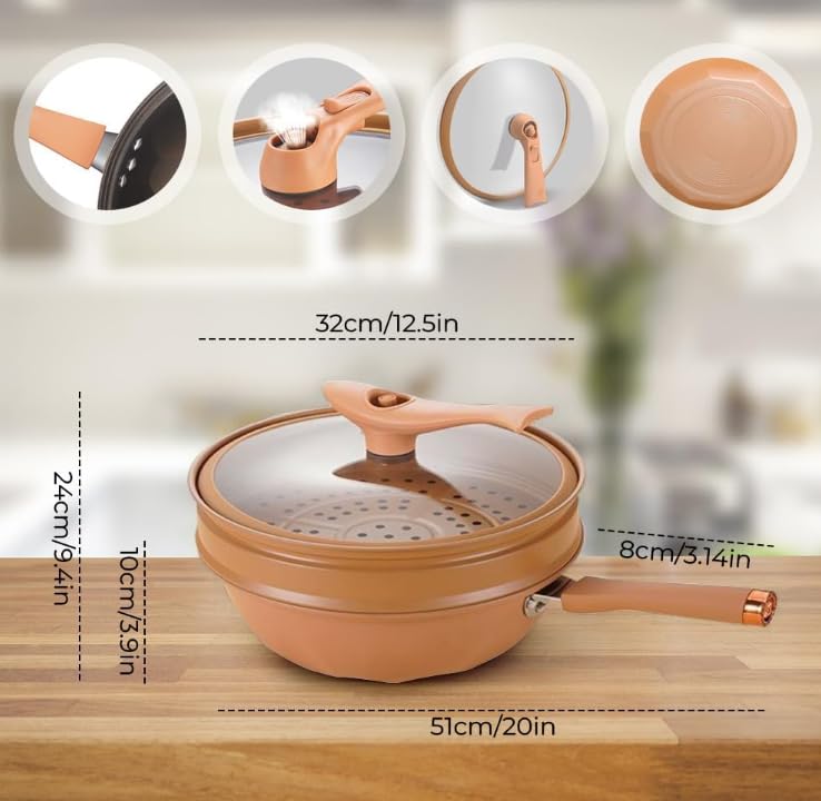 DSKMED Non-Stick Clay Frying Pan with Steamer, Multi-Purpose Terra Cotta Non-Stick Micro Pressure Cooker, Non-Stick 12.6-Inch Multi-Purpose (with steamer basket)
