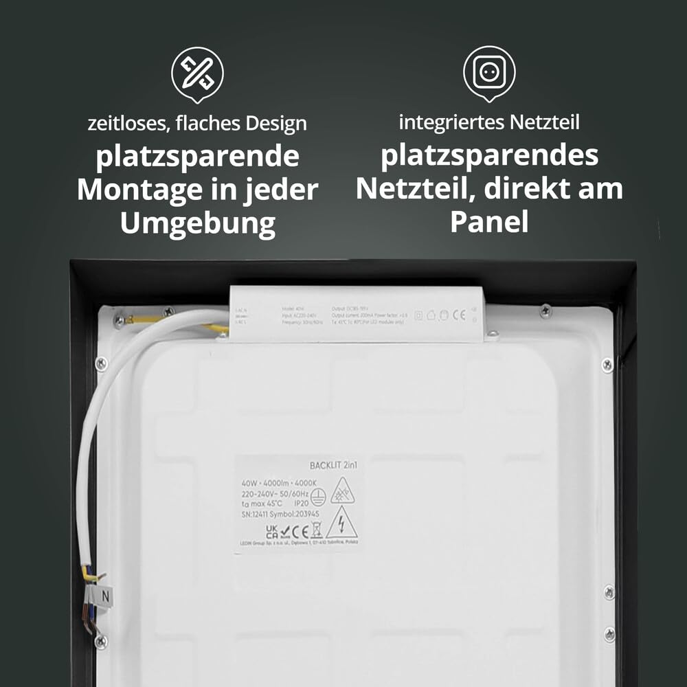 Backlit LED Panel 2in1 Aufbau-/Einbau-Deckenleuchte schwarz 120x30cm 40W neutralweiß 4000K 4000lm IP20 L1195xB295xH38mm