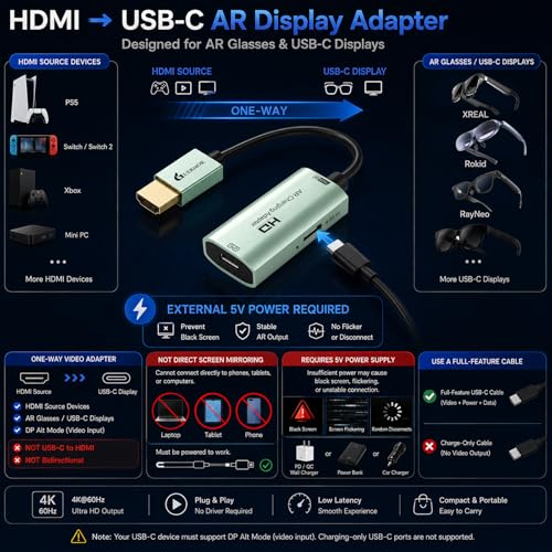 Image of Guermok AR Glasses HDMI to USB-C Video Adapter, 4K@60Hz HDMI Source to USB-C Display Converter, for XREAL One /Air 2 Pro /RayNeo /Rokid, Switch 2 /1, Xbox1, PS4 /5, Portable Monitors (Green)