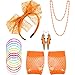 Produktbild 80s Lace Stirnband Ohrringe Fischnetz Handschuhe Halskette Armband für 80s Partei (Orange)
