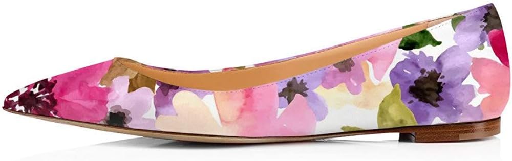 FSJ Women Fresh Floral Printed Flat Pumps Pointed Toe Slip On Party Dress Shoe for Comfort Casual Outfits 4-15 US