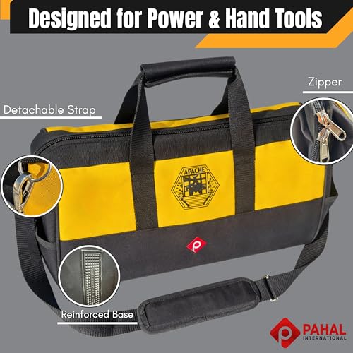 Image of PAHAL APACHE 18 Inch Tool Bag - Multipurpose Nylon Water-Resistant Tool Storage Organizer for Electricians, Plumbers, Technicians & Mechanics, Durable Portable Tool Carry Bag, Yellow Black