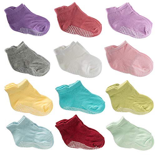 12 Pairs Baby Crew Socks Cotton Anti Skid Toddler Socks with Grips