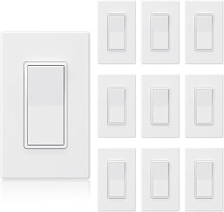 ELEGRP Matte White Single Pole 15A Light Switch 10-Pack, Self-Grounding Paddle Rocker w/Wall Plate, UL Listed