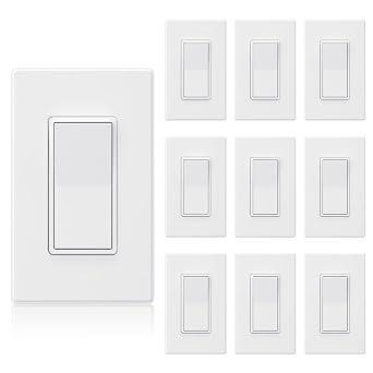 ELEGRP Matte White Single Pole Decorator Light Switch 15Amp, 120-277V, Paddle Rocker Replacement, On/Off Wall Switch, Self-Grounding, Residential Grade, w/Wall Plate, UL/CUL 10 Pack