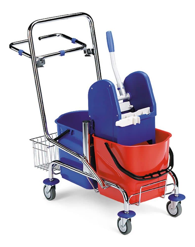 Carrello lavapavimenti in acciaio per pulizie professionali con doppio secchio lt.15, strizzatore mop, ruote, reggisacco e cestino porta prodotti