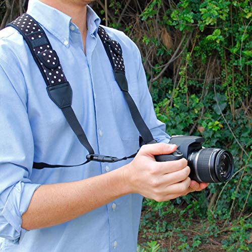 Image of USA Gear DSLR Camera Strap Chest Harness with Quick Release Buckles, Polka Dot Neoprene Pattern and Accessory Pockets - Compatible with Canon, Nikon, Sony Point and Shoot and Mirrorless Cameras