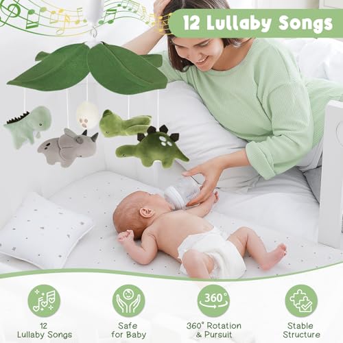 image for PIIKAGO Dinosaur Crib Mobile – Grey and Green Dino Baby Crib Mobile 