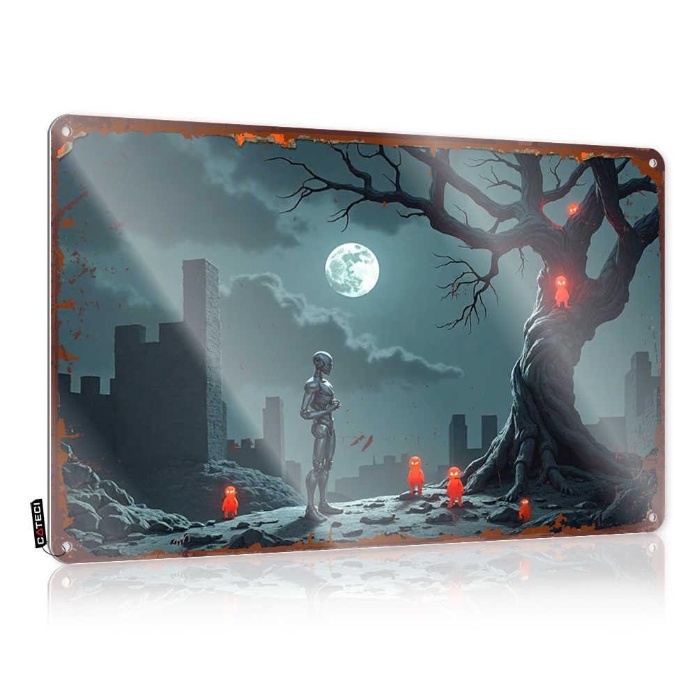 Fzfn Colour Cool Wall Art Soft Area Waterproof Artwork, Quality Retro Print For Cafe Pub Playroom | Country Pre-Drilled Custom A Silver Robot Stands Before A Haunting Tree Under A Full Moon(30X40cm)