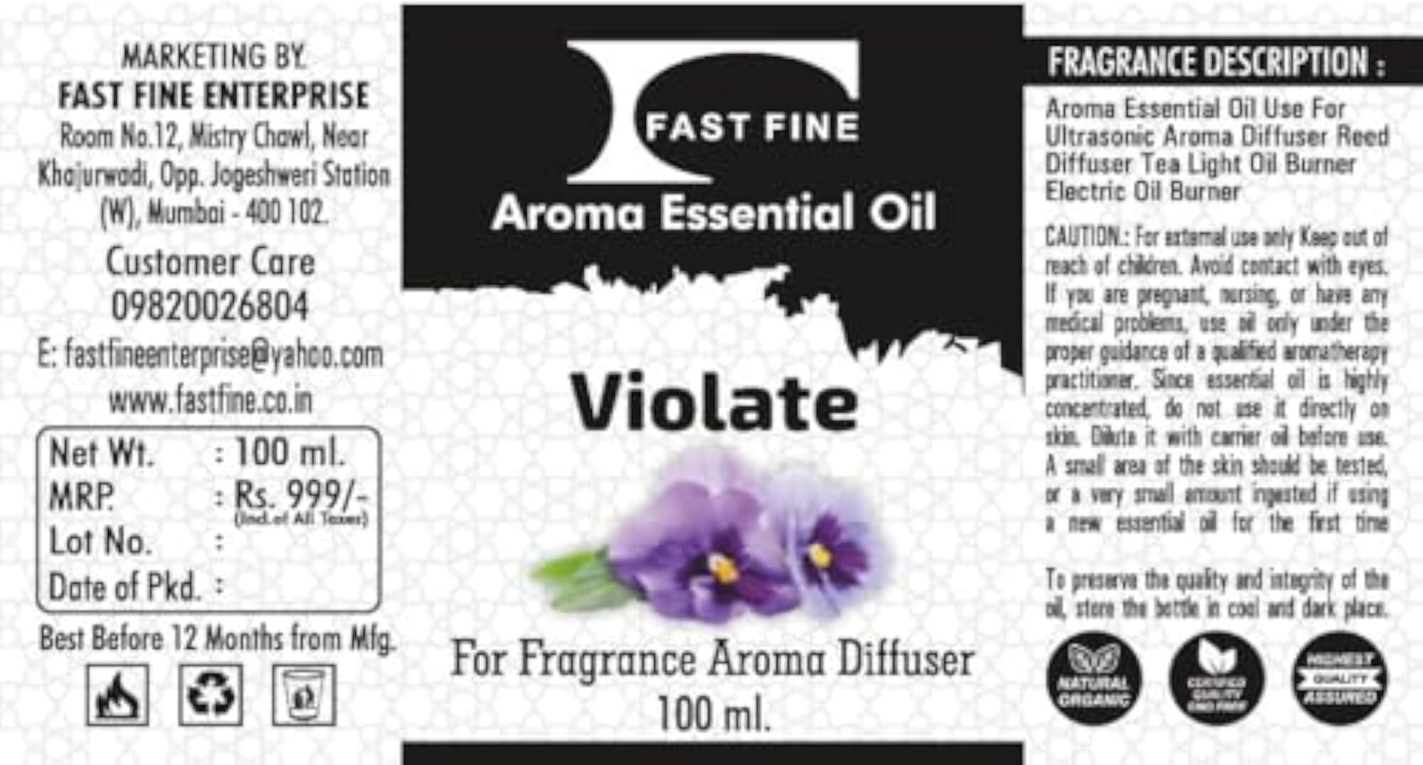 Violet Essential Aroma Diffuser Oil, 100ML