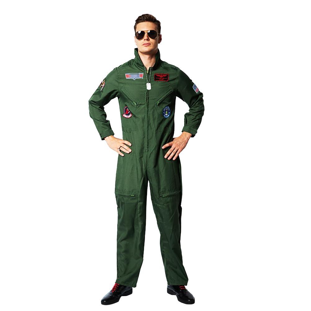 EraSpooky Men Pilot Costume Aviator Fancy Dress Halloween Party Cosplay Outfit for Adult
