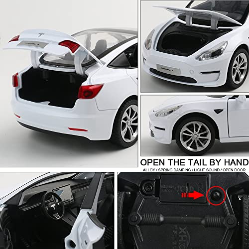 1/24 Diecast Model 3 Toy Car, Alloy Casting Pull Back Collectible Car Vehicles With Sound And Light, 6 Open Doors, Tesla Big Model 3 Car Model Toy For Kids Adults Birthday Gift (White) #TOP2