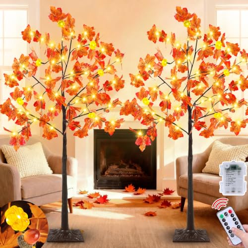 Remote Control&Timer-Fall Decor 2Pack 4 Ft Artificial Prelit Lighted Fall Maple Tree for Home,3D...
