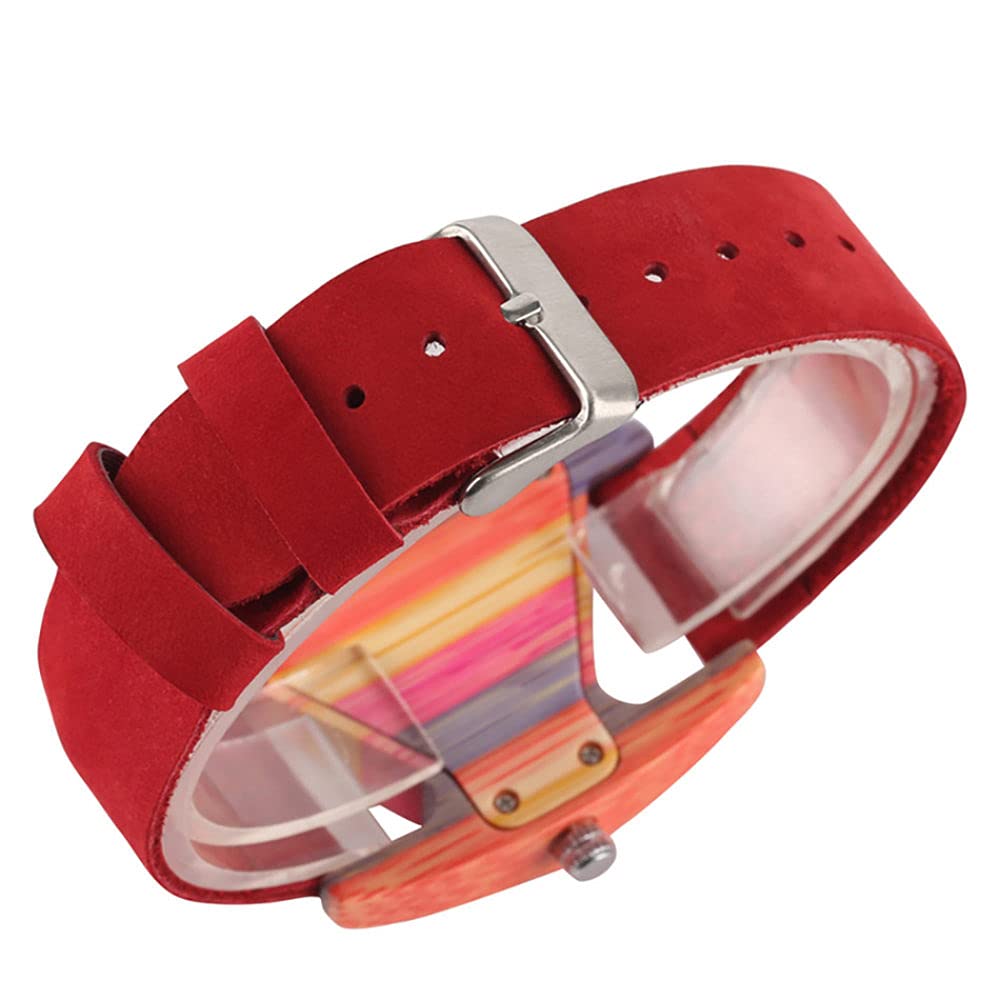 CAIDAI&YL Orologio in Legno Creativo Orologi da Donna Quadrante a Triangolo Cinturino in Pelle da Donna Orologio al Quarzo da Donna in Legno di bambù colorato, Cinturino in Pelle Rossa Leather
