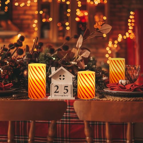 Image of Whaline Christmas LED Flameless Candles Red Glitter Stripe Warm Light Battery Operated Pillar Candles Xmas Candy Cane Stripe Electric Flickering Candles for Party Home Decor, Set of 3
