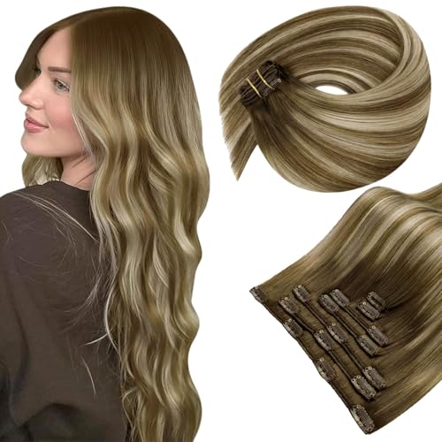 Image of LaaVoo Human Hair Clip in Extensions Dark Brown Ombre Light Brown with Blonde Hair Extensions 24 Inch Clip ins Brown Balayage Hair Extensions Clip ins Silky Straight 7pcs 135g