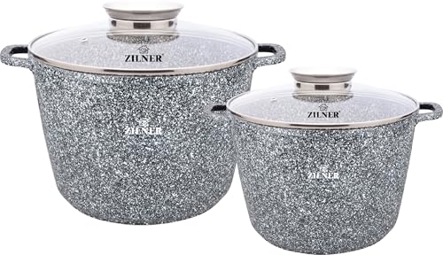 Zilner Lot de 4 Casseroles - Revêtement en Marbre et en Céramique - Couvercles en Verre - Tous Feux dont Induction - Gris