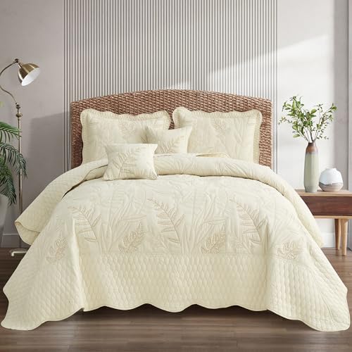 Image of Bedspread oversized,King 120x118,Beautiful Leaf Stitching,5 PC, Ivory