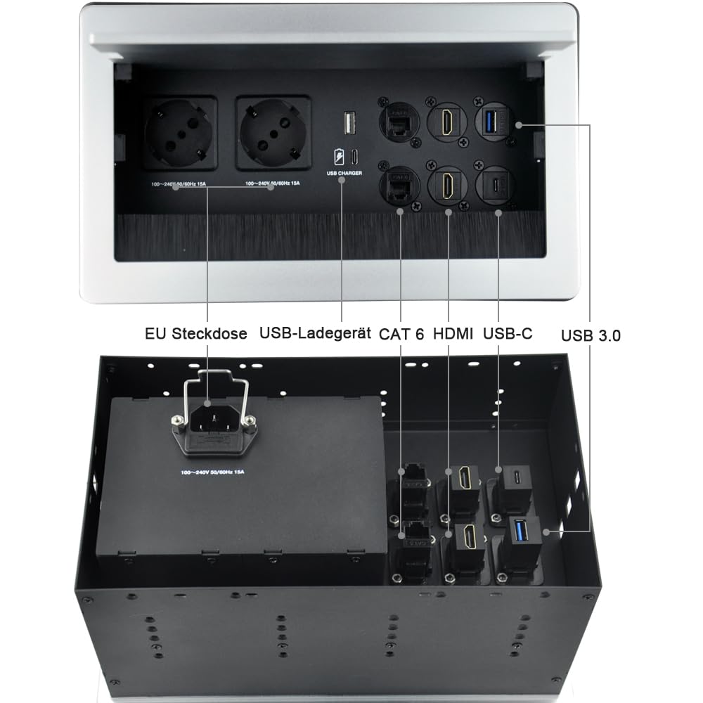 Einbausteckdose versenkbar Konferenzraum Tisch Multimedia Steckdose Silber-2xSchuko-2xCAT6-2xHDMI-1xUSB3.0-Stereo-1xUSB-C Daten (Silver)