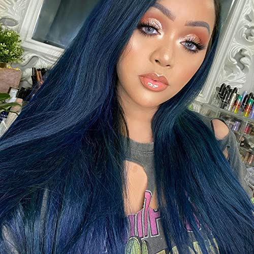 K'ryssma Navy Blue Lace Front Wig with Baby Hair Long Straight Synthetic Wig for Women Natural Looking T Part Long Blue Wig 22 Inches