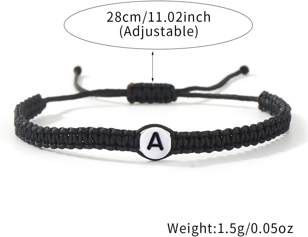 Personalized Initial Letter Bracelet, Adjustable Black Macrame Rope Bracelet with Alphabet Charm, Custom Monogram Friendship Bracelet Jewelry for Women Men