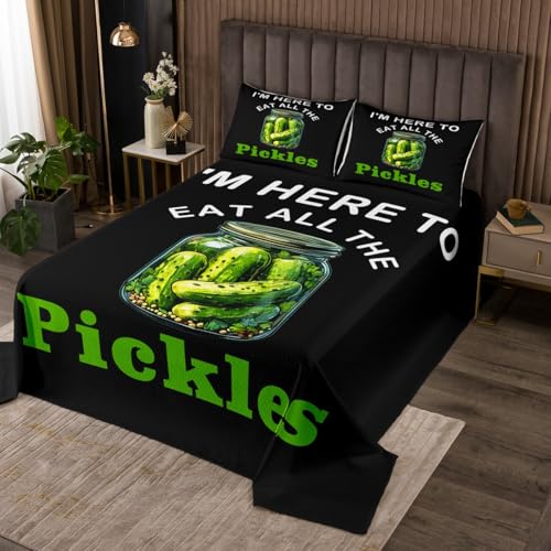 Pickles Cucumber Kids Bedspread Twin Size,Pickled Vegetable Fruits Coverlet Set,Girls Boys Room Decor,Western Food Modern Fashion Quilted Coverlet,Black Green Bedding Quilt,1 Pillowcase