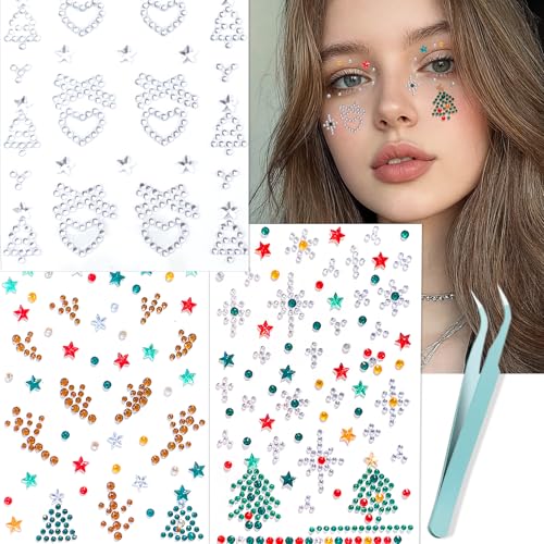 Image of NOOEPC Christmas Makeup Face Gems Hair Gems, Self-Adhesive Face Jewels Face Gems Stick on, 3D Christmas Elements, Christmas Tree Shape, Snowflakes, Rave Accessories for Face Eyes Makeup Body, Crafts