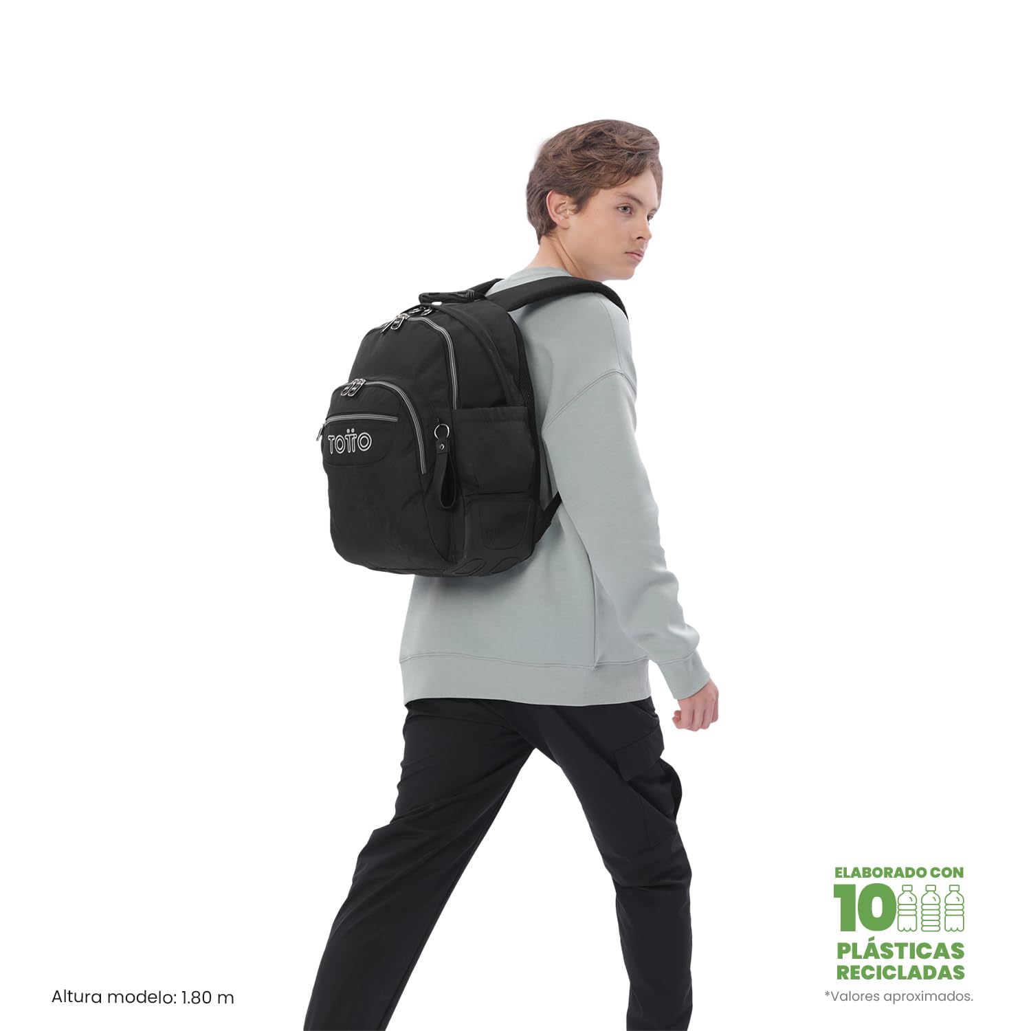 TOTTO - Mochila Escolar Grande, Modelo Rayol Ecole Solid, Capacidad 19 L, 3 Compartimentos, 2 Bolsillos Botella, Bolsillo PC 14", Espaldar Ergonómico con Flujo de Aire, Correas en S, Color Negro