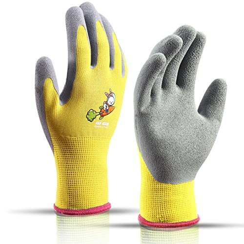 Kdk Ages 8-10 Kids Gardening Gloves,Yard Work Gloves For Toddlers, Youth, Girls, Boys, Childrens, Soft Safety Rubber Gloves (Xs Age 8-10, 1 Pair Yellow Rabbit Carrot) #TOP4